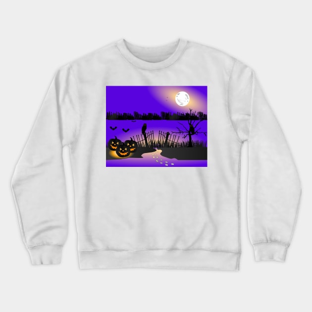 Halloween background with pumpkins, Graves, full moon, and bats stock illustration Crewneck Sweatshirt by ikshvaku